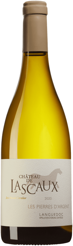 En glasflaska med Les Pierres d'Argent Château de Lascaux 2020, ett vitt vin från Languedoc-Roussillon i Frankrike