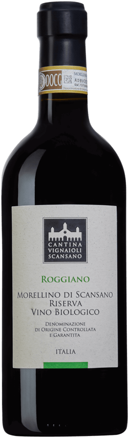 En glasflaska med Morellino di Scansano Roggiano Riserva 2020, ett rött vin från Toscana i Italien