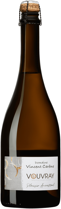 En glasflaska med Vincent Carême Vouvray Plaisir Ancestral 2022, ett mousserande vin från Loiredalen i Frankrike