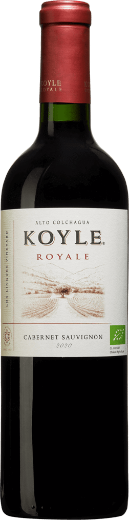 En glasflaska med Koyle Royale Cabernet Sauvignon 2021, ett rött vin från Valle Central i Chile