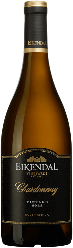 En glasflaska med Eikendal Chardonnay Reserve 2022, ett vitt vin från Western Cape i Sydafrika