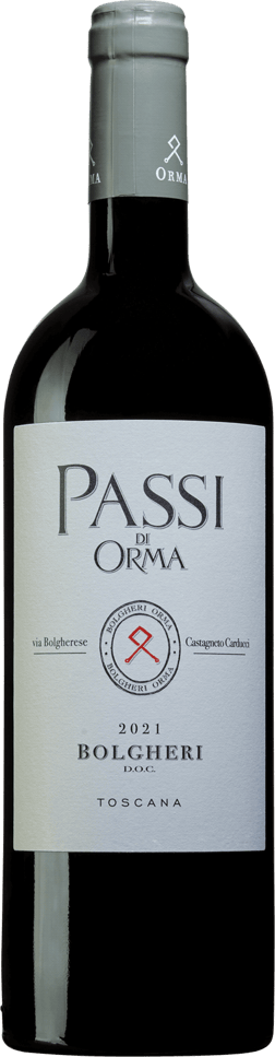 En glasflaska med Passi di Orma 2022, ett rött vin från Toscana i Italien
