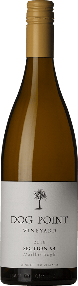 En glasflaska med Dog Point Section 94 Sauvignon Blanc 2018, ett vitt vin från Marlborough i Nya Zeeland