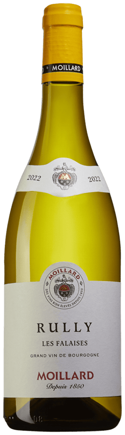 En glasflaska med Moillard Rully Blanc 2022, ett vitt vin från Bourgogne i Frankrike