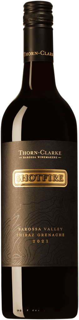 En glasflaska med Thorn-Clarke Shotfire Shiraz Grenache 2021, ett rött vin från South Australia i Australien