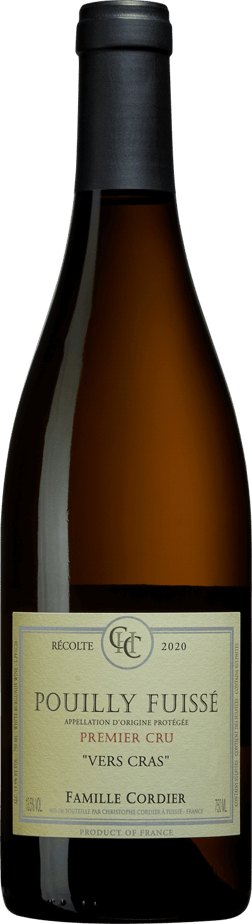 En glasflaska med Domaine Cordier Pouilly-Fuissé Premier Cru Vers Cras 2022, ett vitt vin från Bourgogne i Frankrike