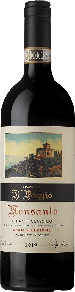 En glasflaska med Monsanto Il Poggio Gran Selezione 2019, ett rött vin från Toscana i Italien