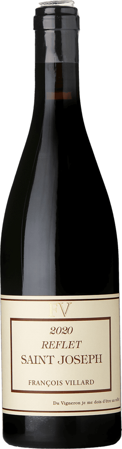 En glasflaska med François Villard Saint-Joseph Reflet 2020, ett rött vin från Rhonedalen i Frankrike