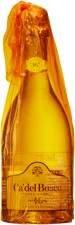 En glasflaska med Ca' del Bosco Franciacorta Edizione 46a Cuvée Prestige Extra Brut, ett mousserande från Lombardiet i Italien