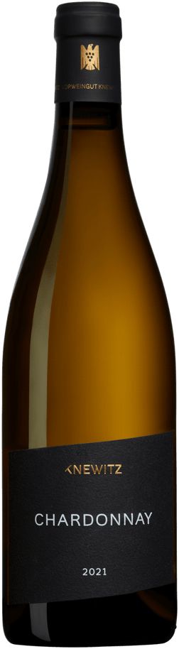 En glasflaska med Knewitz Chardonnay Trocken 2021, ett vitt vin från Rheinhessen i Tyskland