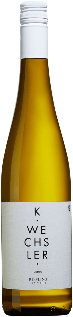 En glasflaska med Weingut Katharina Wechsler Riesling Trocken 2022, ett vitt vin från Rheinhessen i Tyskland