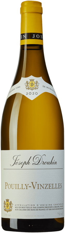 En glasflaska med Joseph Drouhin Pouilly-Vinzelles 2020, ett vitt vin från Bourgogne i Frankrike