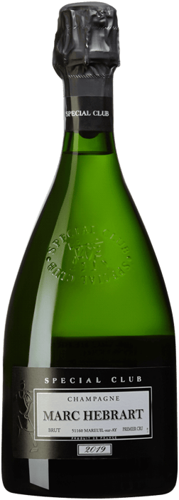 En glasflaska med Marc Hebrart Special Club 2019, ett champagne från Champagne i Frankrike