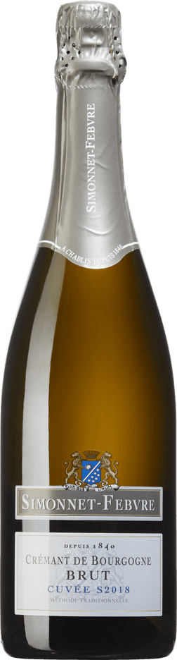 En glasflaska med Simonnet-Febvre Brut Cuvée S 2019, ett mousserande vin från Bourgogne i Frankrike