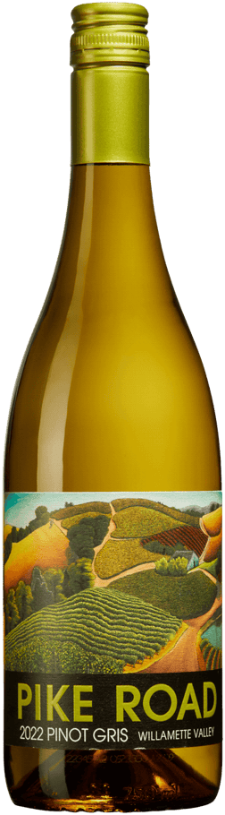 En glasflaska med Pike Road Pinot Gris 2022, ett vitt vin från Oregon i USA