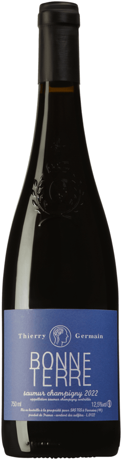 En glasflaska med Thierry Germain Bonneterre 2022, ett rött vin från Loiredalen i Frankrike