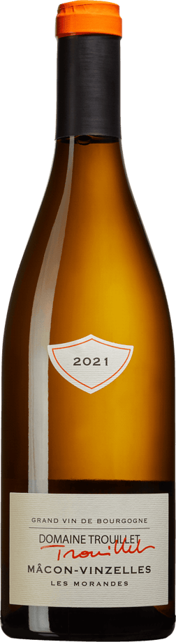 En glasflaska med Domaine Trouillet Mâcon-Vinzelles Les Morandes 2022, ett vitt vin från Bourgogne i Frankrike