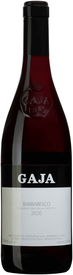 En glasflaska med Gaja Barbaresco 2020, ett rött vin från Piemonte i Italien