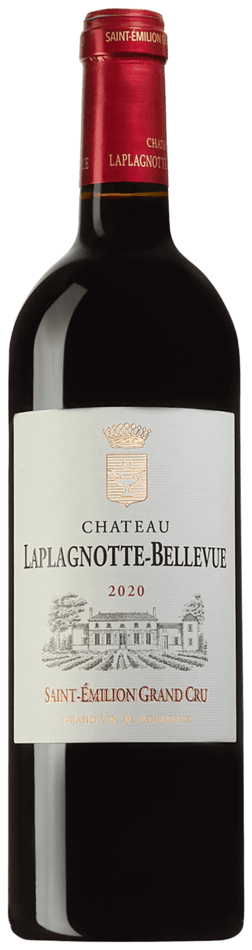 En glasflaska med Château Laplagnotte-Bellevue 2020, ett rött vin från Bordeaux i Frankrike
