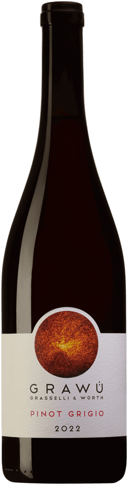 En glasflaska med Grawü Grasselli & Würth Pinot Grigio 2022, ett vitt vin från Trentino-Alto Adige i Italien