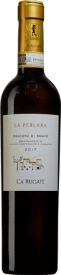 En glasflaska med La Perlara Recioto di Soave 2017, ett vitt vin från Venetien i Italien