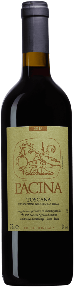 En glasflaska med Pãcina 2015, ett rött vin från Toscana i Italien