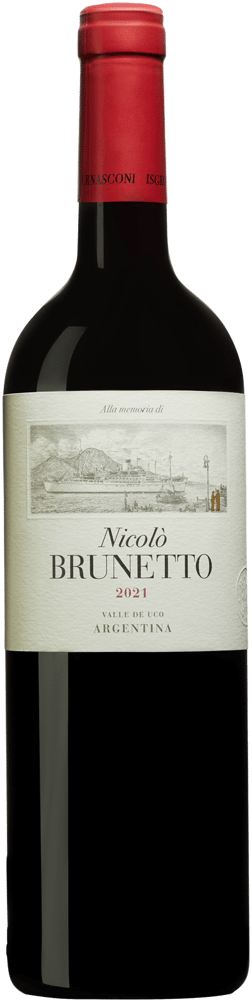 En glasflaska med BIRA Wines Nicolò Brunetto 2021, ett rött vin från Cuyo i Argentina