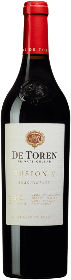 En glasflaska med De Toren Fusion V 2020, ett rött vin från Western Cape i Sydafrika