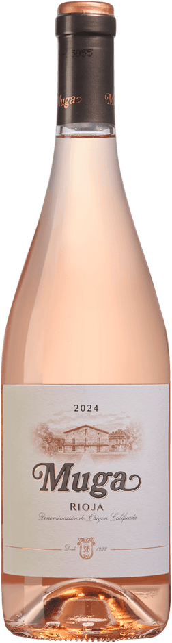 En glasflaska med Bodegas Muga Rosé 2024, en rosévin från Rioja i Spanien