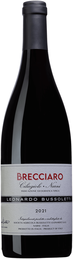 En glasflaska med Leonardo Bussoletti Brecciaro 2021, ett rött vin från Umbrien i Italien