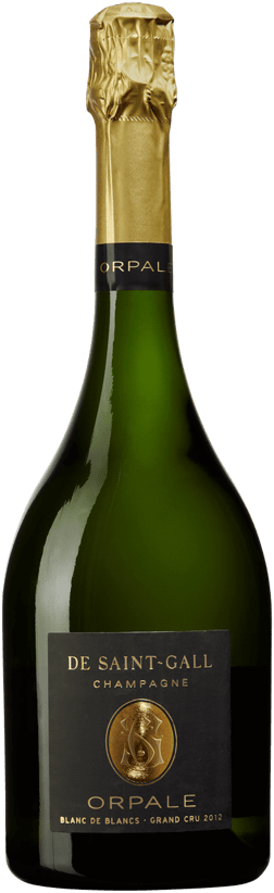En glasflaska med Orpale Blanc de Blancs Grand Cru Brut 2012, ett champagne från Champagne i Frankrike