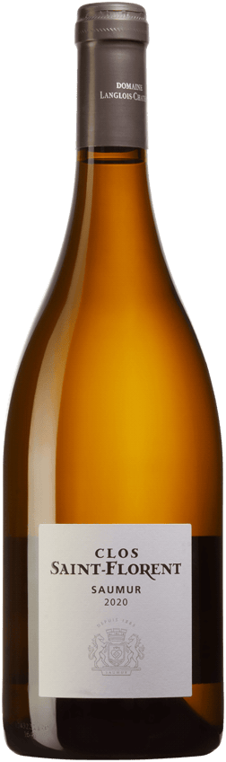 En glasflaska med Clos Saint Florent Saumur Blanc 2020, ett vitt vin från Loiredalen i Frankrike
