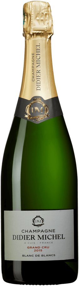 En glasflaska med Champagne Didier Michel Grand Cru 2015, ett champagne från Champagne i Frankrike