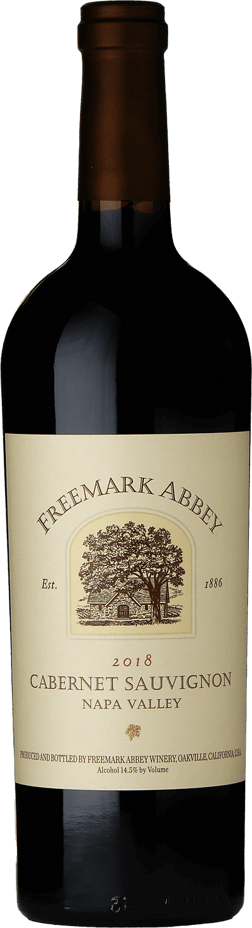 En glasflaska med Freemark Abbey Napa Valley Cabernet Sauvignon 2018, ett rött vin från Kalifornien i USA