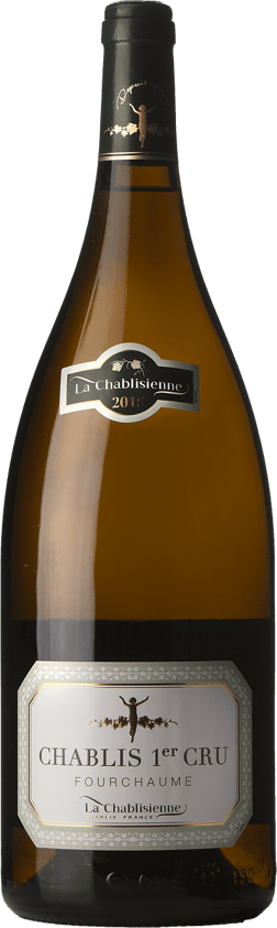 En glasflaska med La Chablisienne Chablis Premier Cru Fourchaume 2015, ett vitt vin från Bourgogne i Frankrike
