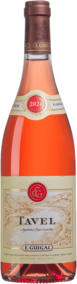 En glasflaska med Guigal Tavel 2024, en rosévin från Rhonedalen i Frankrike