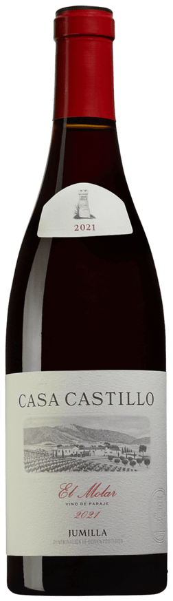 En glasflaska med Casa Castillo El Molar 2021, ett rött vin från Murcia i Spanien