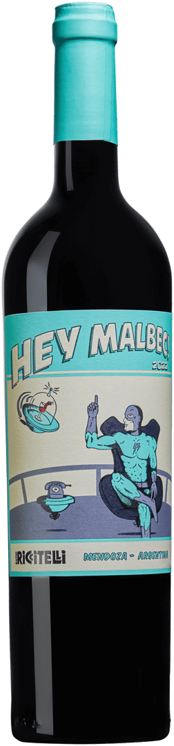 En glasflaska med Matias Riccitelli Hey Malbec 2022, ett rött vin från Cuyo i Argentina