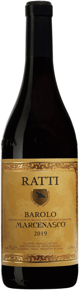En glasflaska med Ratti Barolo Marcenasco 2019, ett rött vin från Piemonte i Italien
