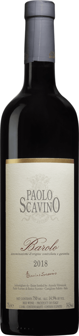 En glasflaska med Paolo Scavino Barolo 2019, ett rött vin från Piemonte i Italien