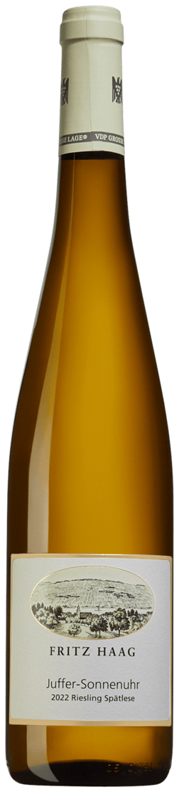 En glasflaska med Fritz Haag Brauneberger Juffer Sonnenuhr Riesling Spätlese 2022, ett vitt vin från Mosel i Tyskland