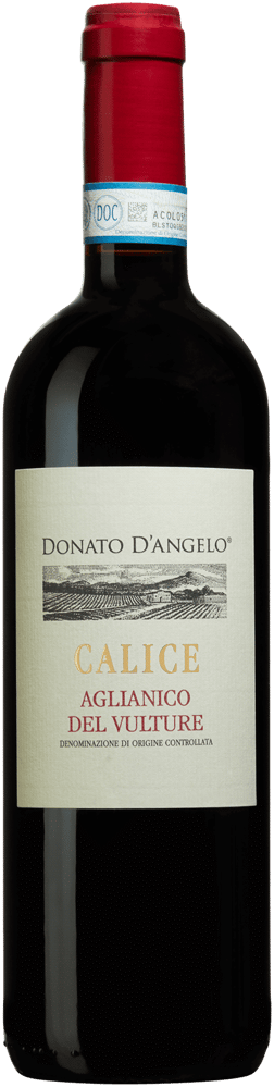 En glasflaska med Donato D’Angelo di Ruppi Filomena Calice 2020 Aglianico del Vulture, ett rött vin från Basilicata i Italien