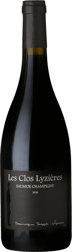 En glasflaska med Le Petit St Vincent Saumur Champigny Les Clos Lyzières 2020, ett rött vin från Loiredalen i Frankrike