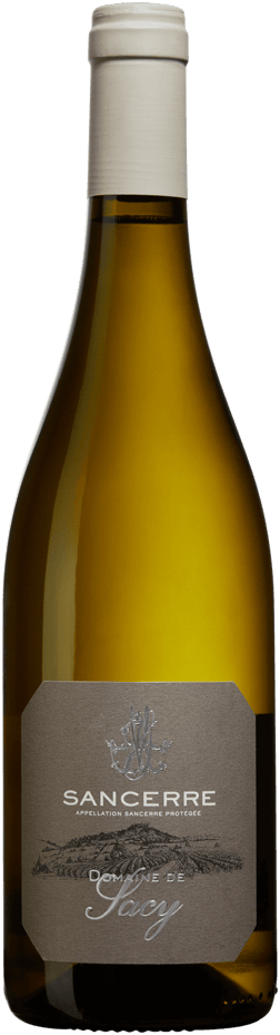 En glasflaska med Domaine de Sacy Sancerre 2022, ett vitt vin från Loiredalen i Frankrike
