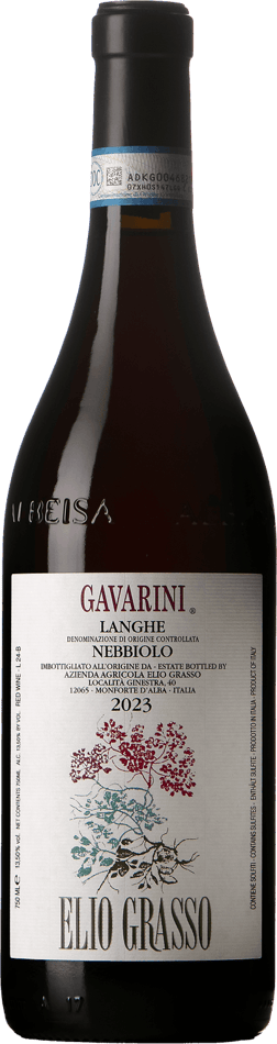 En glasflaska med Elio Grasso Gavarini Langhe Nebbiolo 2023, ett rött vin från Piemonte i Italien