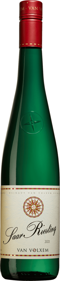 En glasflaska med Van Volxem Saar Riesling 2022, ett vitt vin från Mosel i Tyskland