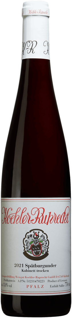 En glasflaska med Koehler-Ruprecht Spätburgunder Kabinett Trocken 2021, ett rött vin från Pfalz i Tyskland