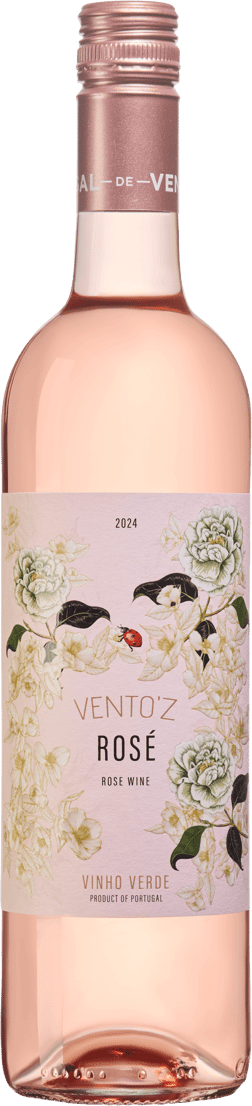 En lättare glasflaska med Vento’z Rosé 2024, en rosévin från Vinho Verde i Portugal