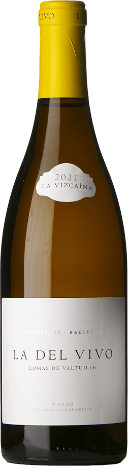 En glasflaska med Raúl Pérez Vizcaina la del Vivo 2021, ett vitt vin från Kastilien-León i Spanien