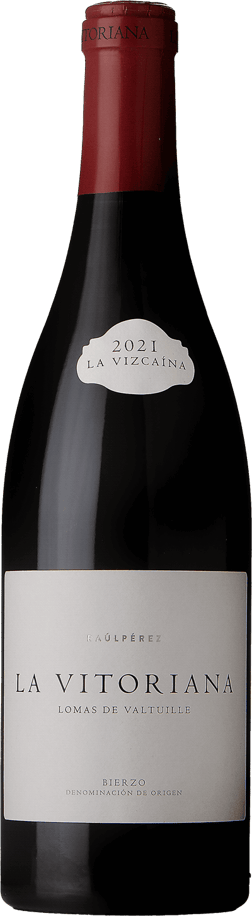 En glasflaska med Raúl Pérez Vizcaina la Vitoriana 2021, ett rött vin från Kastilien-León i Spanien